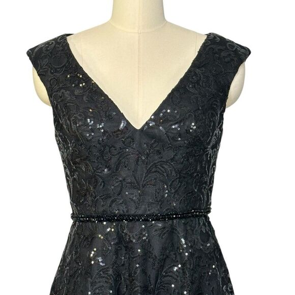 Mac Duggal 68012 Black Sequin Cap Sleeve Midi Cocktail Dress | Size 6 - Picture 6 of 13